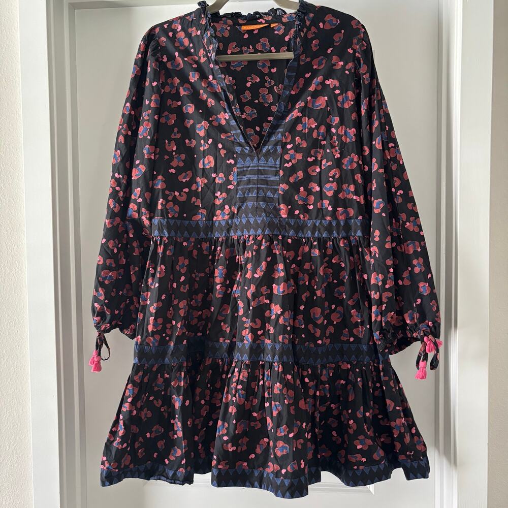 Oliphant Leopard Floral Pink and Blue Print Mini Dress Balloon Sleeve SZ L